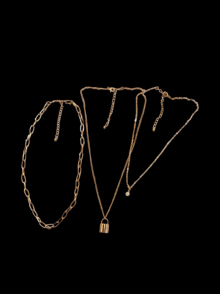 Gold Tone Layered Necklace Set Padlock Charm Paperclip Chain 3pc